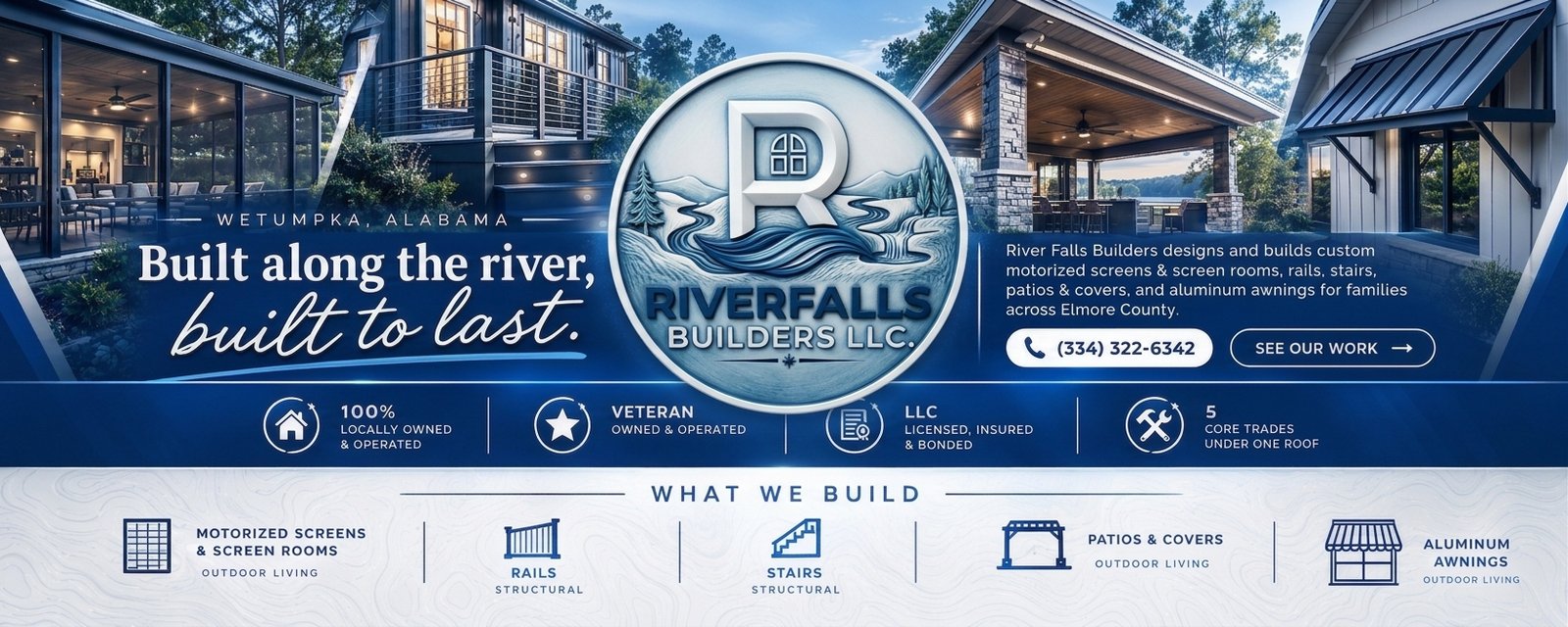River Falls Builders logo and services showcased over a recently completed outdoor living project