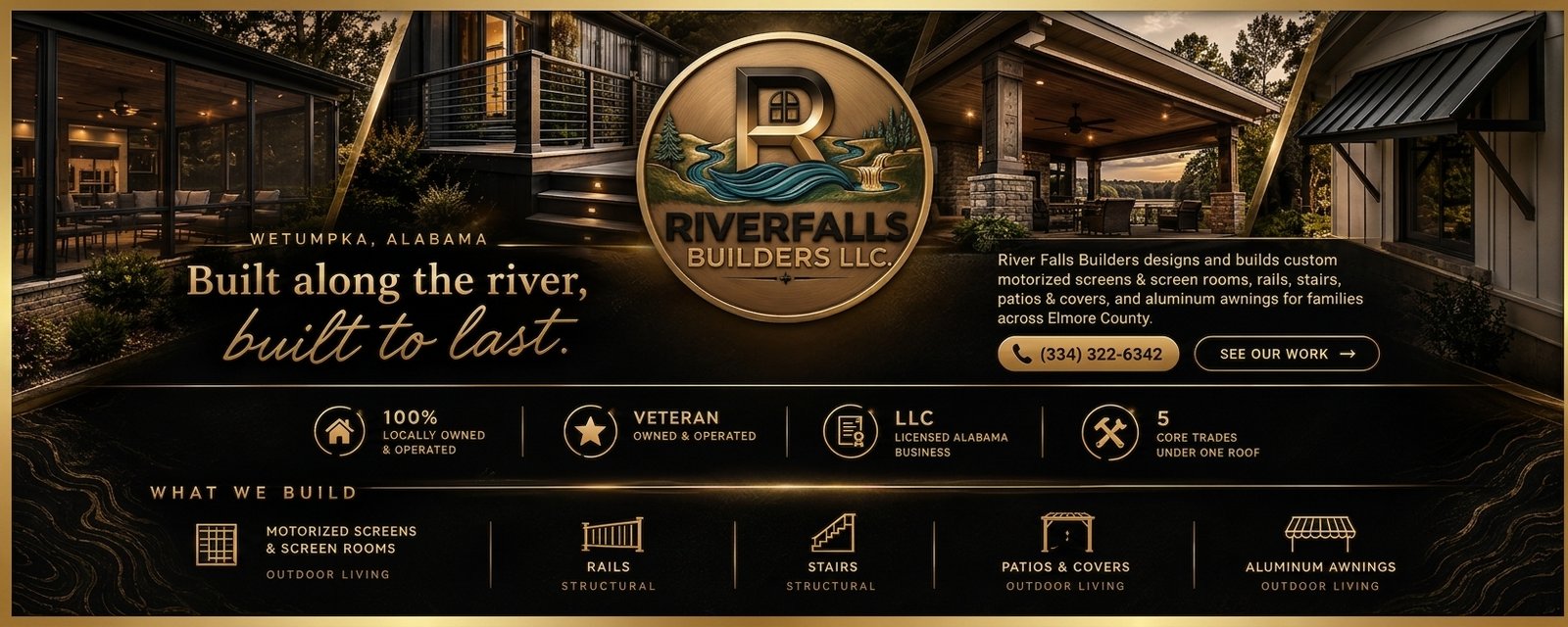 River Falls Builders logo and services showcased over a recently completed outdoor living project